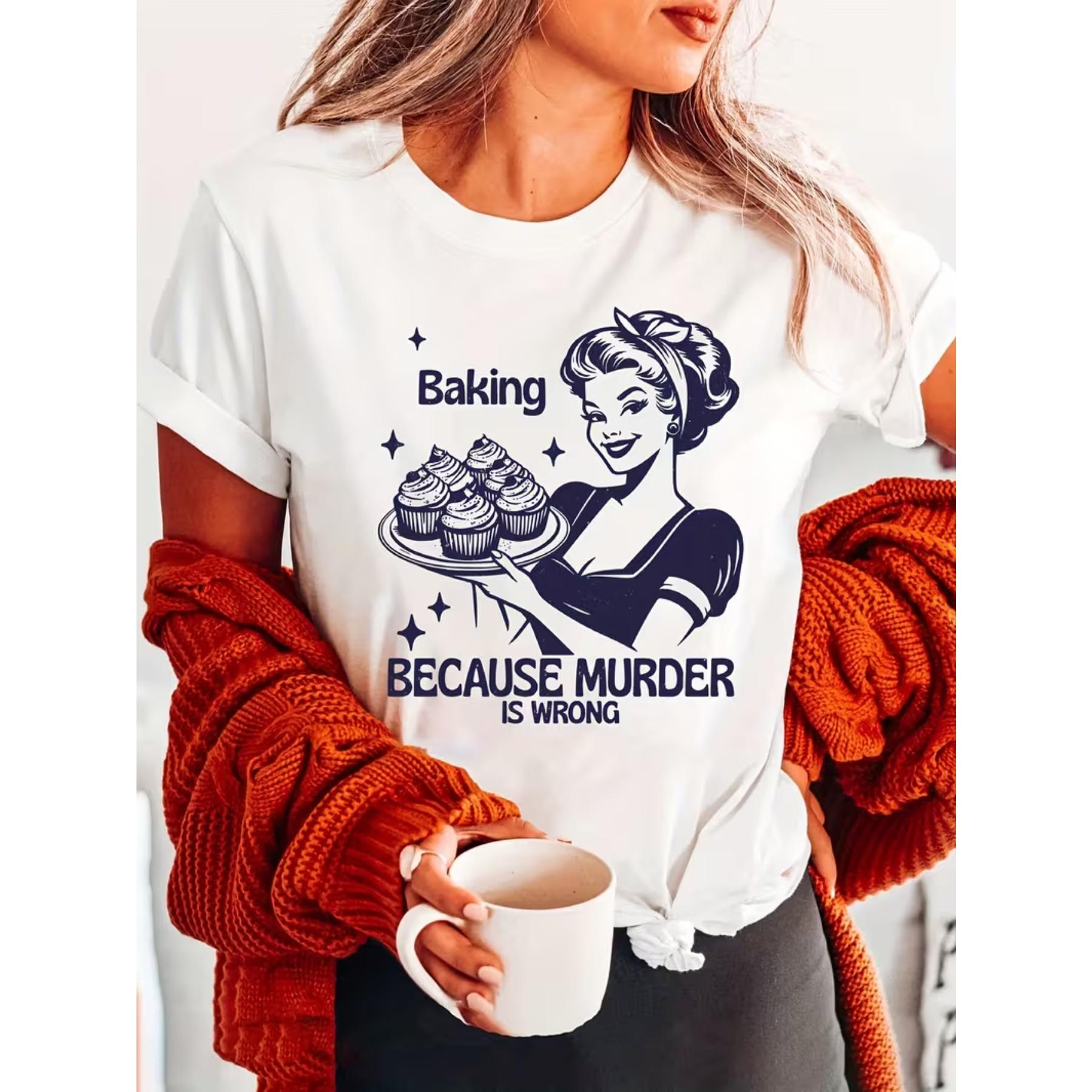 

Funny Baking Print T-Shirt, Short-Sleeved Crew Neck Casual Top for Summer And Spring S белый
