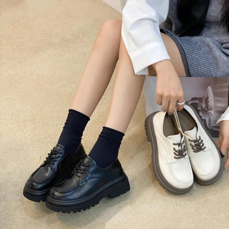 Fashion White Preppy Style Women's Flats Lace-up Thick Sole Round Head Japanese System Shoes Comfortable Rubber Upper Summer Shoes