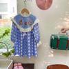Autumn 2026 Korean-Style Plaid Girl's Dress with Little Bear Embroidery, Doll Collar, and Ruffle Lace