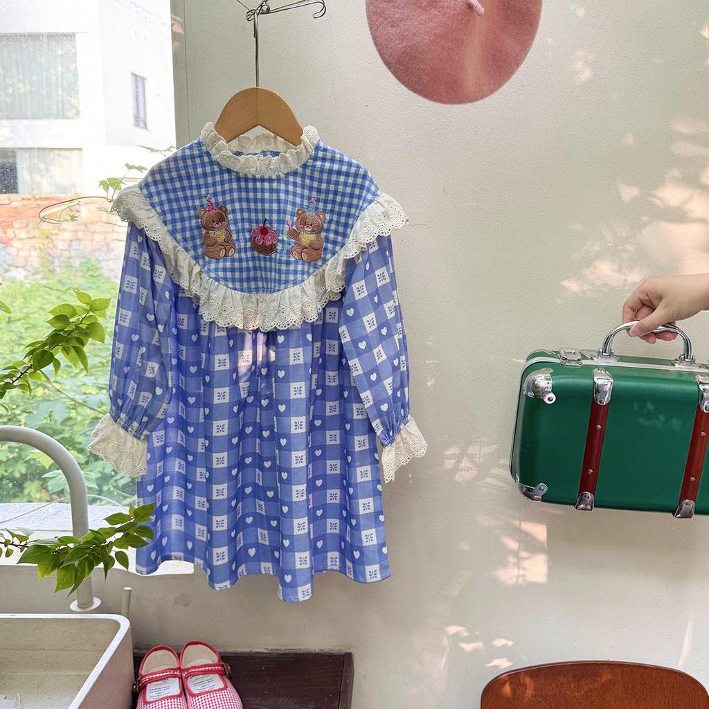 Autumn 2026 Korean-Style Plaid Girl's Dress with Little Bear Embroidery, Doll Collar, and Ruffle Lace