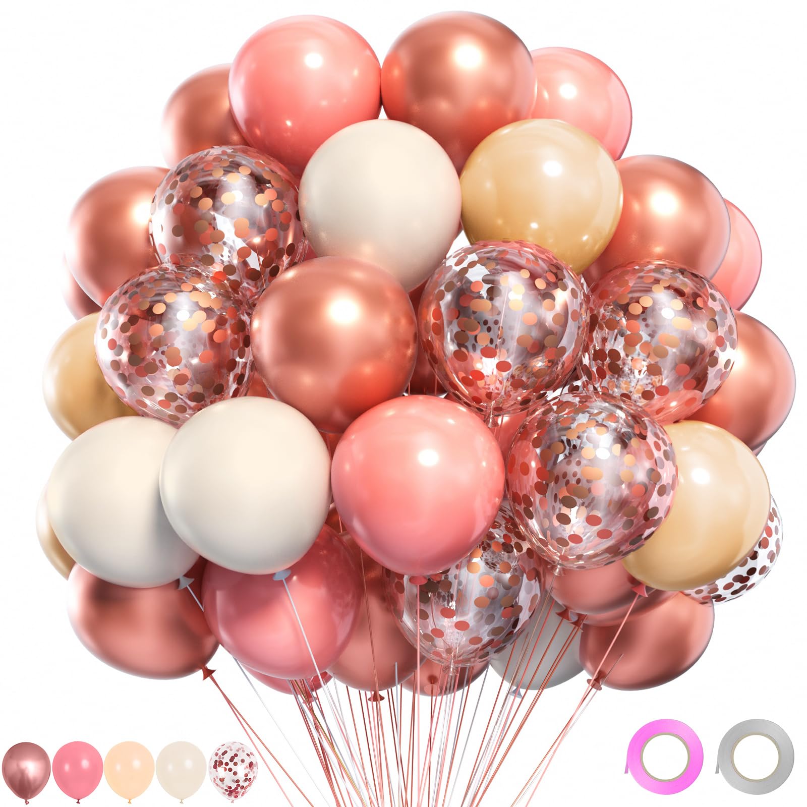

Partyda Balloons, Pack of 60, White, Reddish, Pink, and Rose Gold Balloons, Latex Balloons, Confetti Balloons, Metallic Balloons, Birthday Decorations