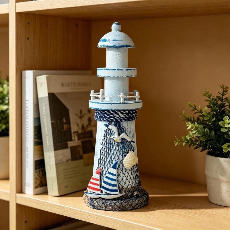 Wooden Lighthouse Decors Nauticals Theme Decors Lighthouse with Starfishs Fish Net Decors Decorative Ornament for Home Decors