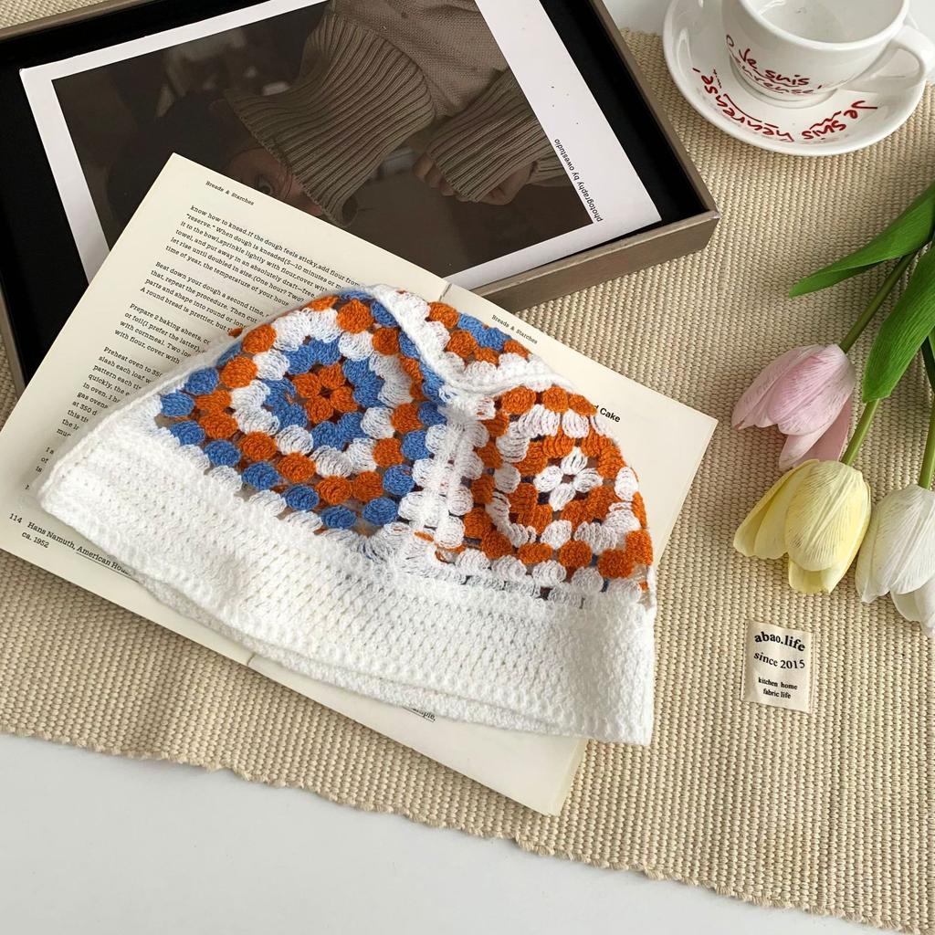 Big head circumference hat literary bucket hat women's color matching knitted flower dome foldable hat sun protection