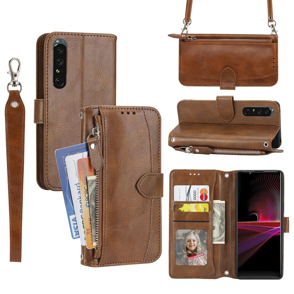 For Sony Xperia 5 IV 5G Case Zipper Pocket Leather Phone Cover with Crossbody Shoulder Strap