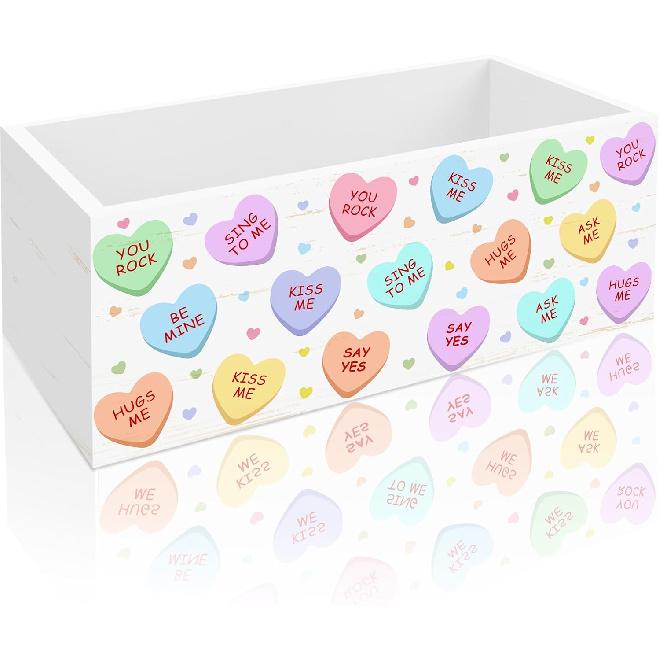 Valentine s Day Candy Bowl Wooden Sweet Candy Dish, Happy Valentine s Day Snack Trays Pink Heart Popcorn Bucket Bowl Reusable Wooden Serving Bowl