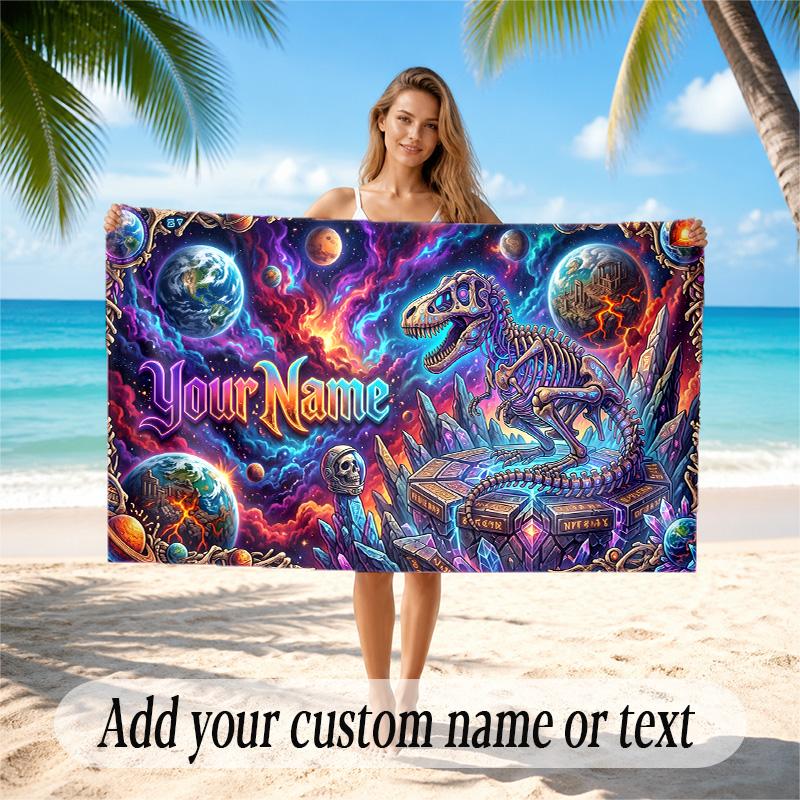 Dinosaur Theme Quick Dry Beach Towel Custom Name Text Print Large Sand Resistant Towel Beach Vacation