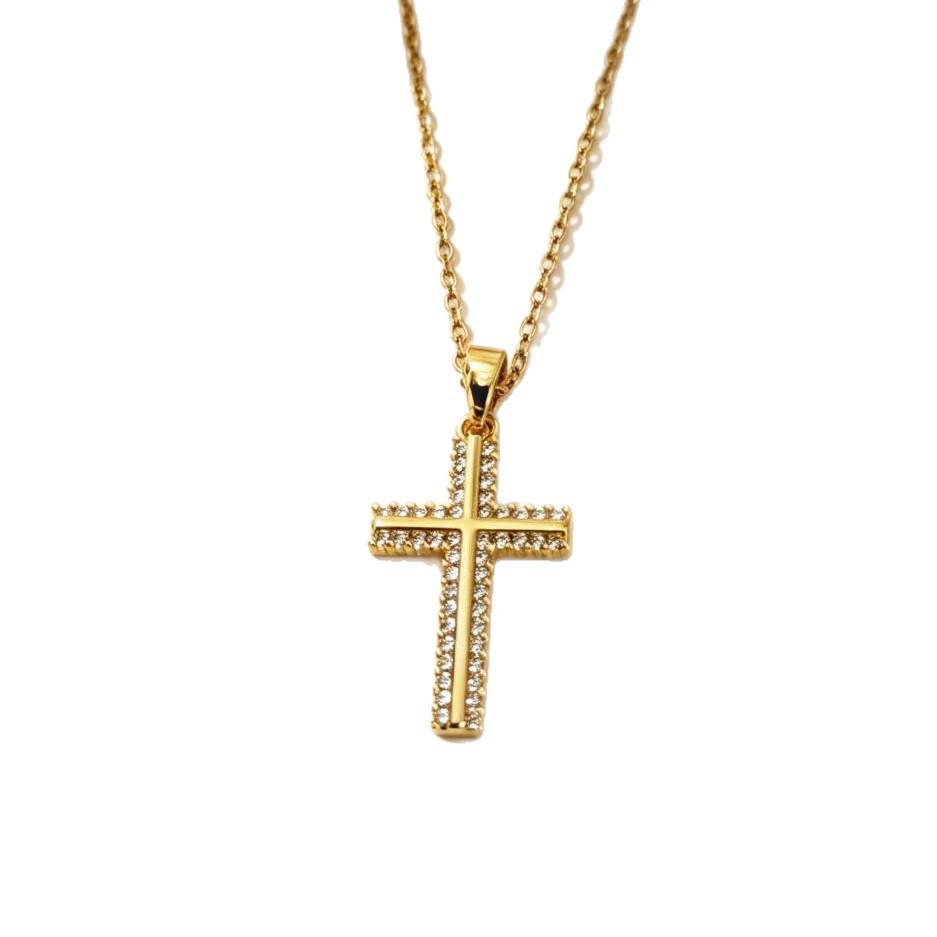European-American Retro Cross Necklace: Gold-Plated Copper, Full Diamond, Luxury Titanium Steel Chain, Colorfast.