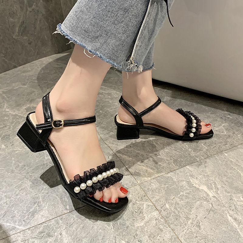 Fairy wind pearl sandals female summer 2025 new fashion thick heel buckle with skirt ins tide