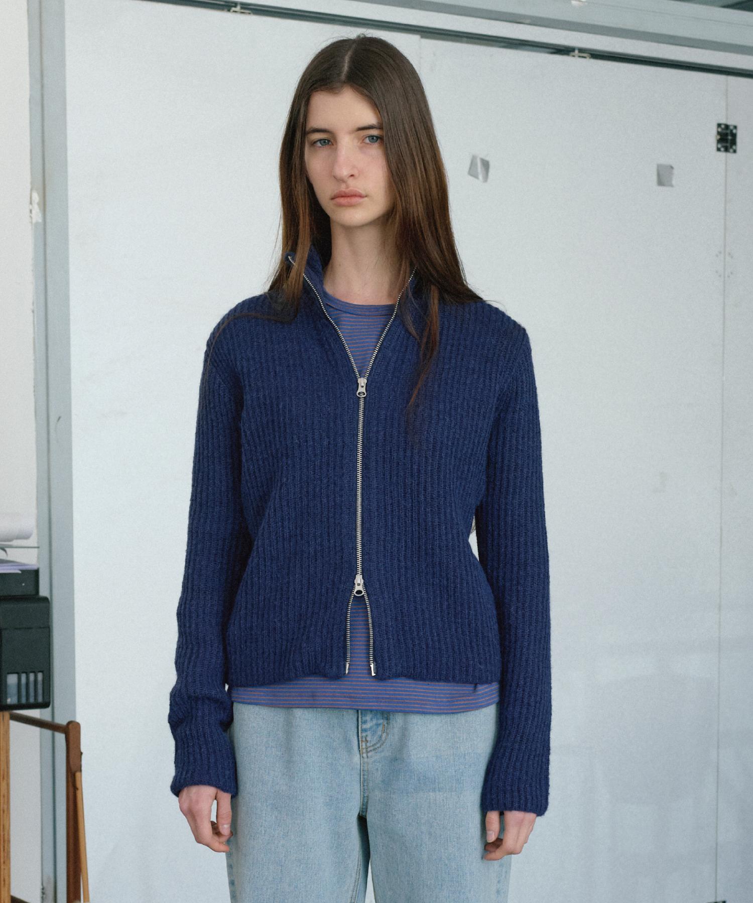 Poser Two-Way Wool Knit Zip-Up Cardigan (Dark Blue) Dark Blue