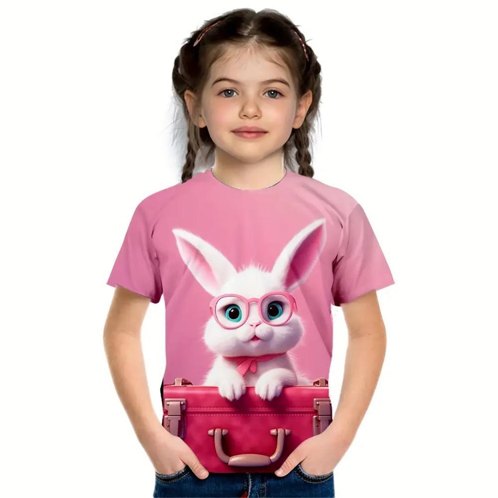 Girl Clothes Cartoon Cute Rabbit 3D Print Funny Animal Lover Boy Girl Short Sleeve tops 4-14Y