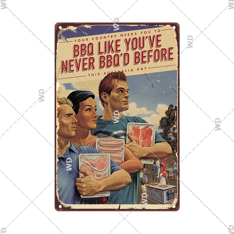 Dad's BBQ Party Metal Tin Plaque Retro Tin Signs Barbecue Rules Slogan Plate Vintage Grill Poster Yard Garden Kitchen Wall Decor