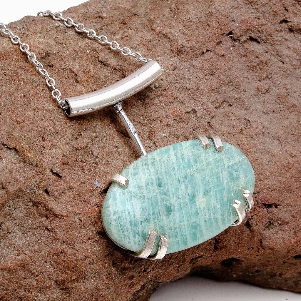 Necklace Amazonite Gemstone Natural Beads Round 20" Blue Pendant Silver Faceted