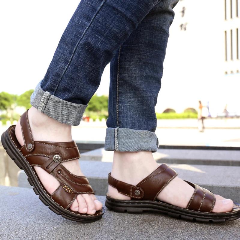 Men's Summer New Sandals Men's Leather Sandals Adult Thick-soled Beach Shoes Non-slip Open-toed Sandals Man Summer Slippers