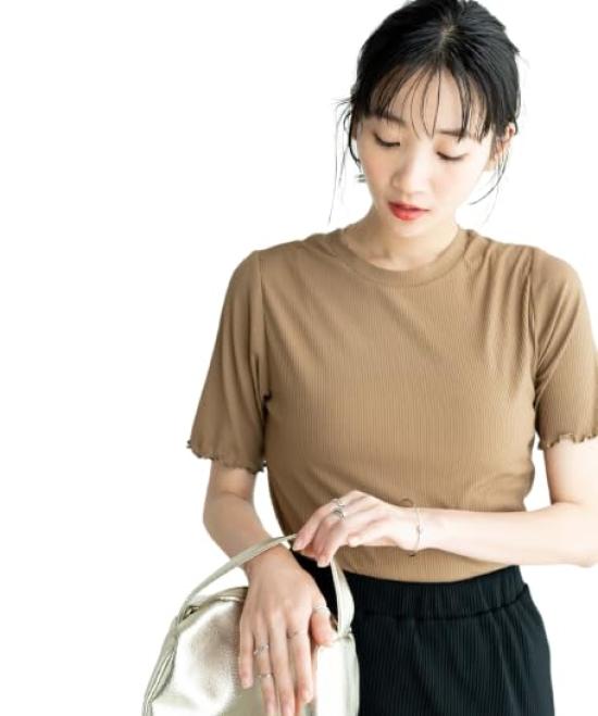 WEGO Ruffled Ribbed Short Cut and Sewn Summer Solid Size Brown Women's Soft-Touch T-Shirt, Sleeve, Top, Clothes, Color, Simple, Casual, Spring,