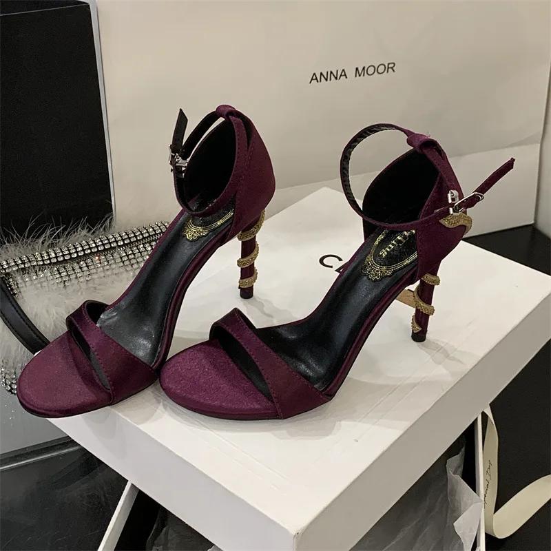 

Fashion Luxury Rhinestone Snake Design Heeled Sandals Women Sexy Open Toe Ankle Buckle Slide Sandals Elegant Banquet Party Dress Shoes 35 фиолетовый