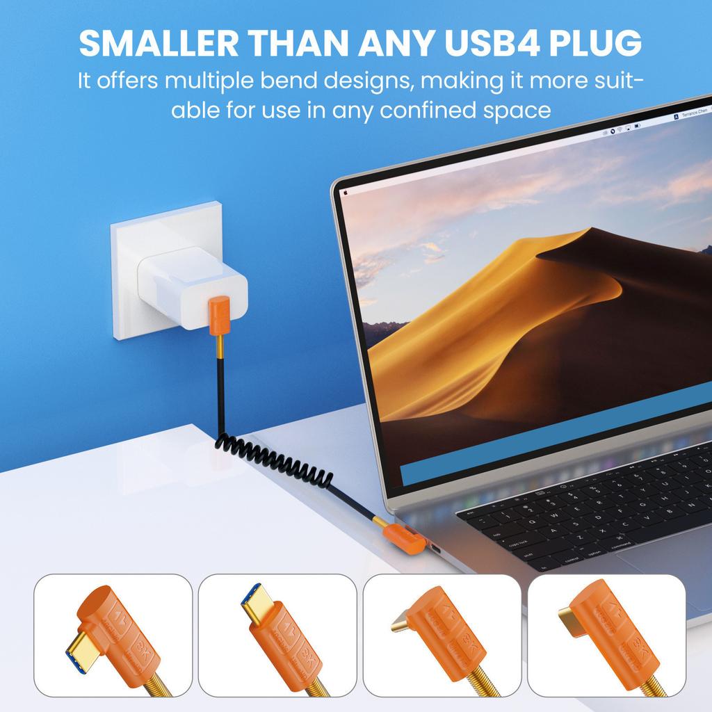 USB4 Type C Spring Coiled Cable Cord 240W Power Delivery Support 40Gbps Data Transmission Speed 8K 60Hz Resolution