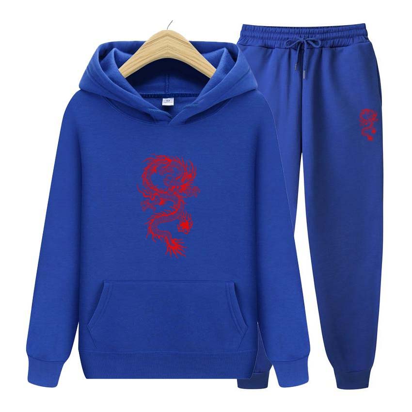 Mikina s dlouhým rukávem Jogging kalhoty Patchwork Fitness Run Suit Módní Dragon Print Teplákové soupravy Pro ženy Muži Oblečení s kapucí