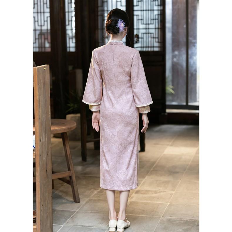 Pink Autumn and Winter New Chinese Style New 1011 Particularly Beautiful Waist Cheongsam Women's Atmospheric Sheep Velvet Double-sided Printing
