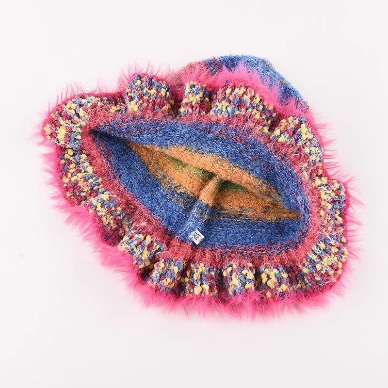 Rainbow Oil Painting Gradual Change Knitted Wool Hat Children Autumn and Winter Warm Plush Bucket Hat Basin Hat Tide