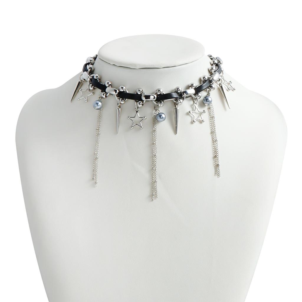 Punk Gothic Style Pentagram Tassel Leather Rope Collarbone Chain Sweet Cool Spicy Girl Necklace