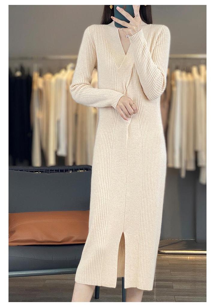 Women's V-Neck Cable Knit Wool Dress - Slimming Over-the-Knee Style with Long Sleeves and Slit for Autumn/Winter
