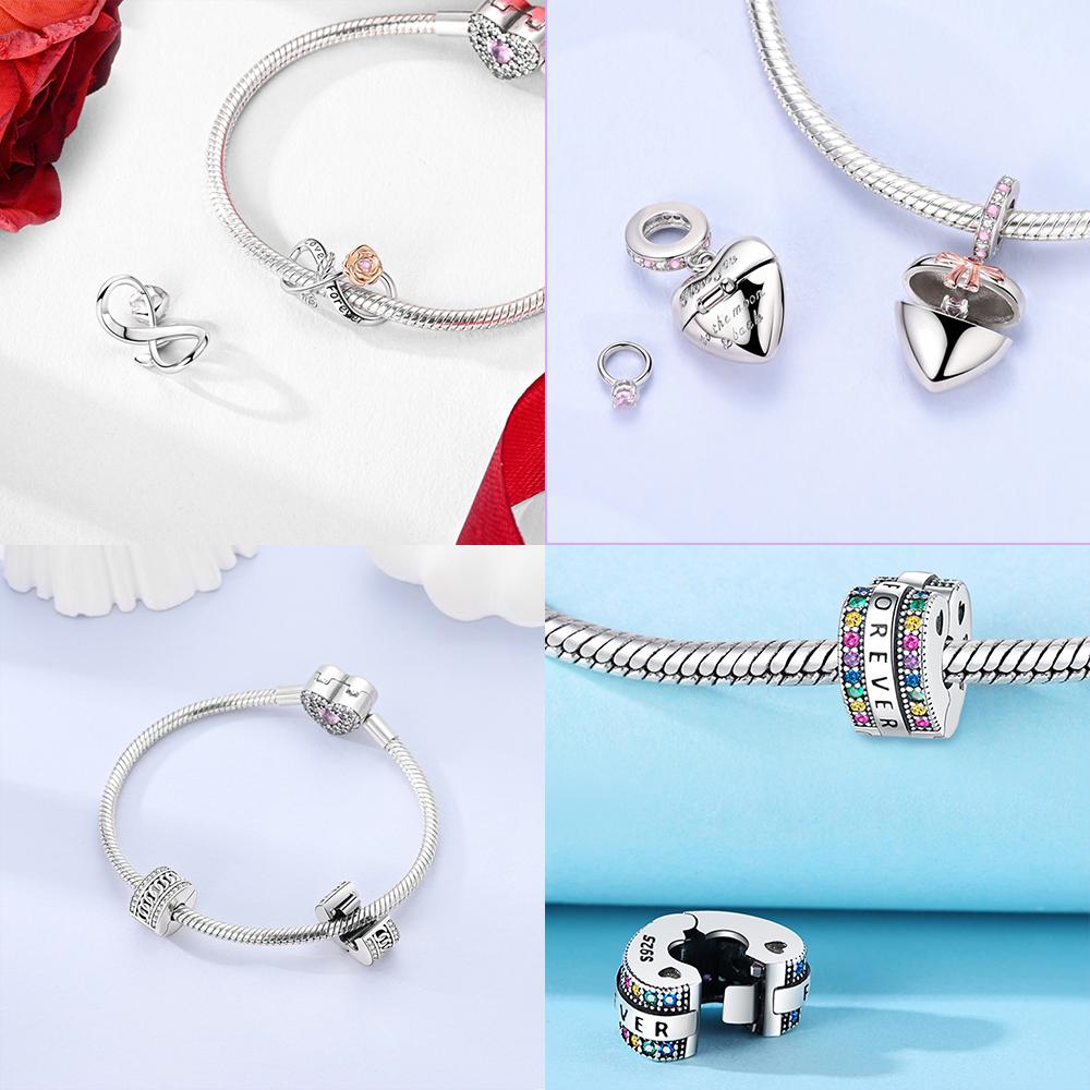 Rose Gold Pink Zircon Love Heart Beads Fit Bracelet Charms Copper Original Jewelry Women Diy Accessories