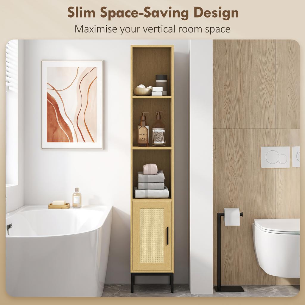 Tall Bathroom Cabinet, Narrow Bathroom Cabinet with Open Shelves and Adjustable Shelf, Natural Wood Look