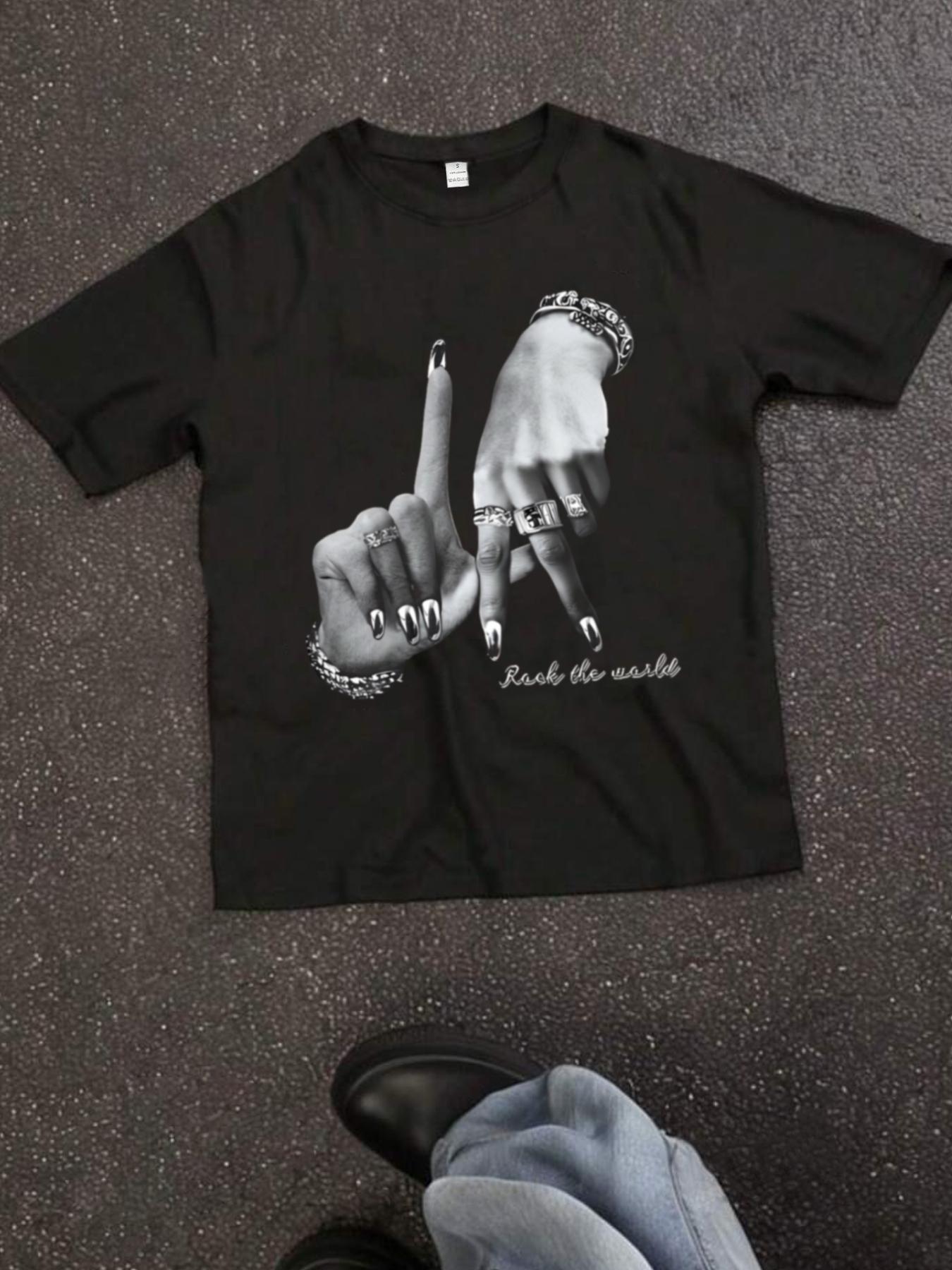 

2026 New Jewelry Gesture Graffiti Letter Pattern Print Tshirt Fashion Unisex Women Top Summer Shortsleeve Women s Clothing S