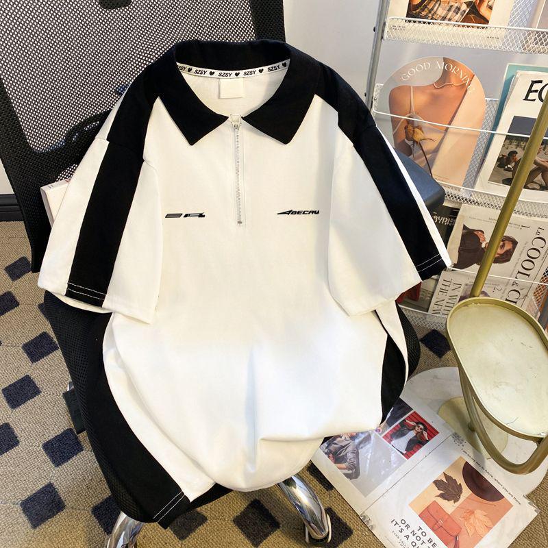 

Женский повседневный летний топ-поло в британском стиле с цветными блоками, воротником-полумолнией и коротким рукавом 2025 года M белый