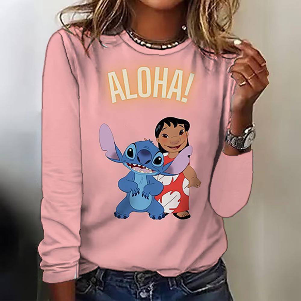 New women's round neck T-shirt long sleeved top Disney Christmas Stitch print fashionable and trendy women's T-shirt top for aut
