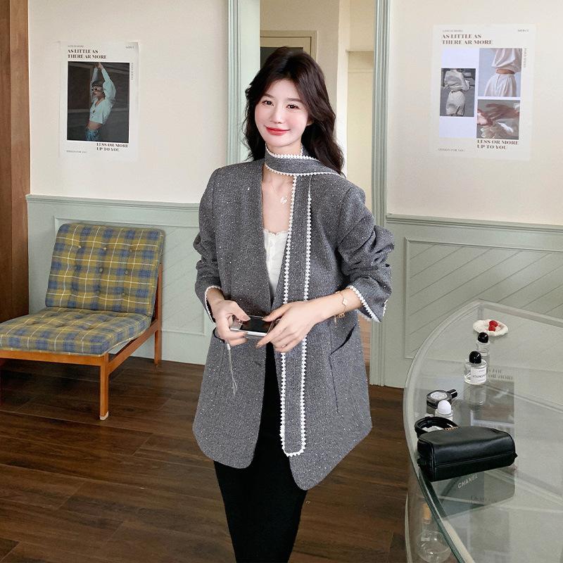 

Серый пиджак с кружевной отделкой и горячими бриллиантами, женский, весенний, новый, темпераментный, дизайн знаменитости, V-образный вырез, маленький костюм XL серый