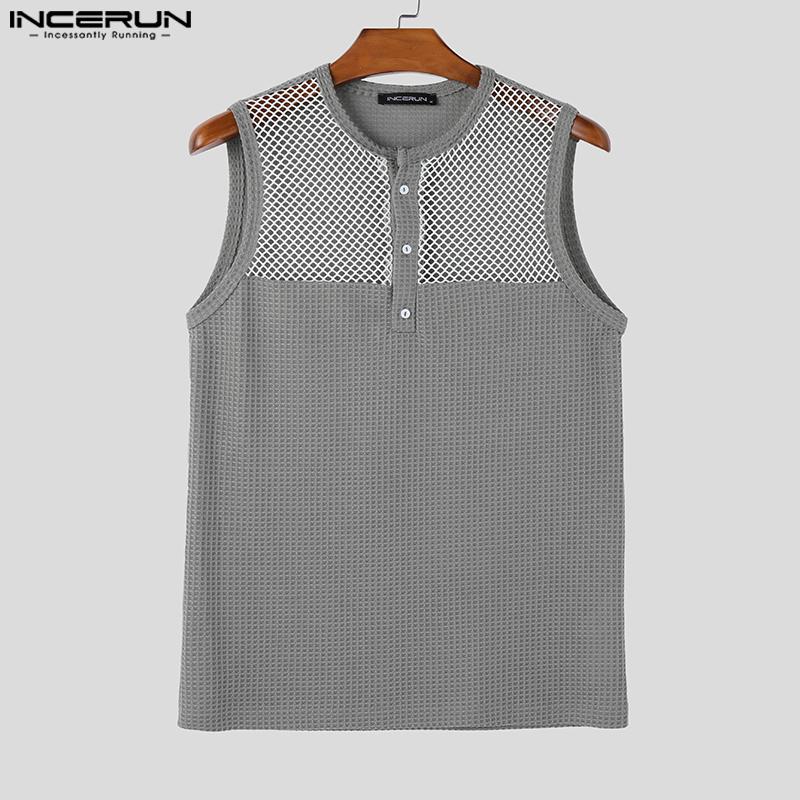 INCERUN Men Casual Sleeveless Patchwork Waffle Texture Hollow Out Tank Tops