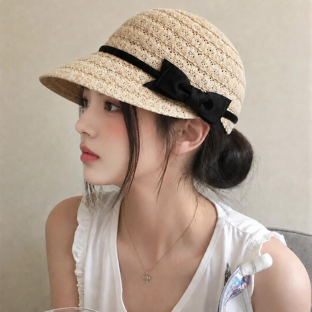 French Small Fragrance Style Bow Woven Knight Hat Women'S Spring And Summer Fashionable Temperament Sunshade Face Small Equestrian Hat