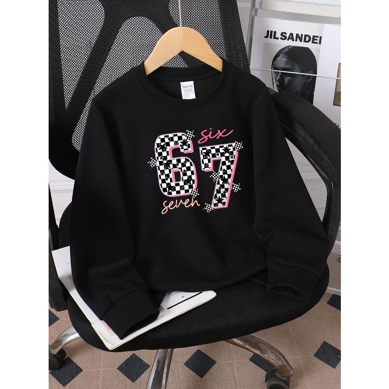 European Sizes Kids' Casual Sweatshirt Printed Round Neck Pullover, Kids' Round Neck Sweatshirt with Fashion "67" Theme Feature Print for Kids