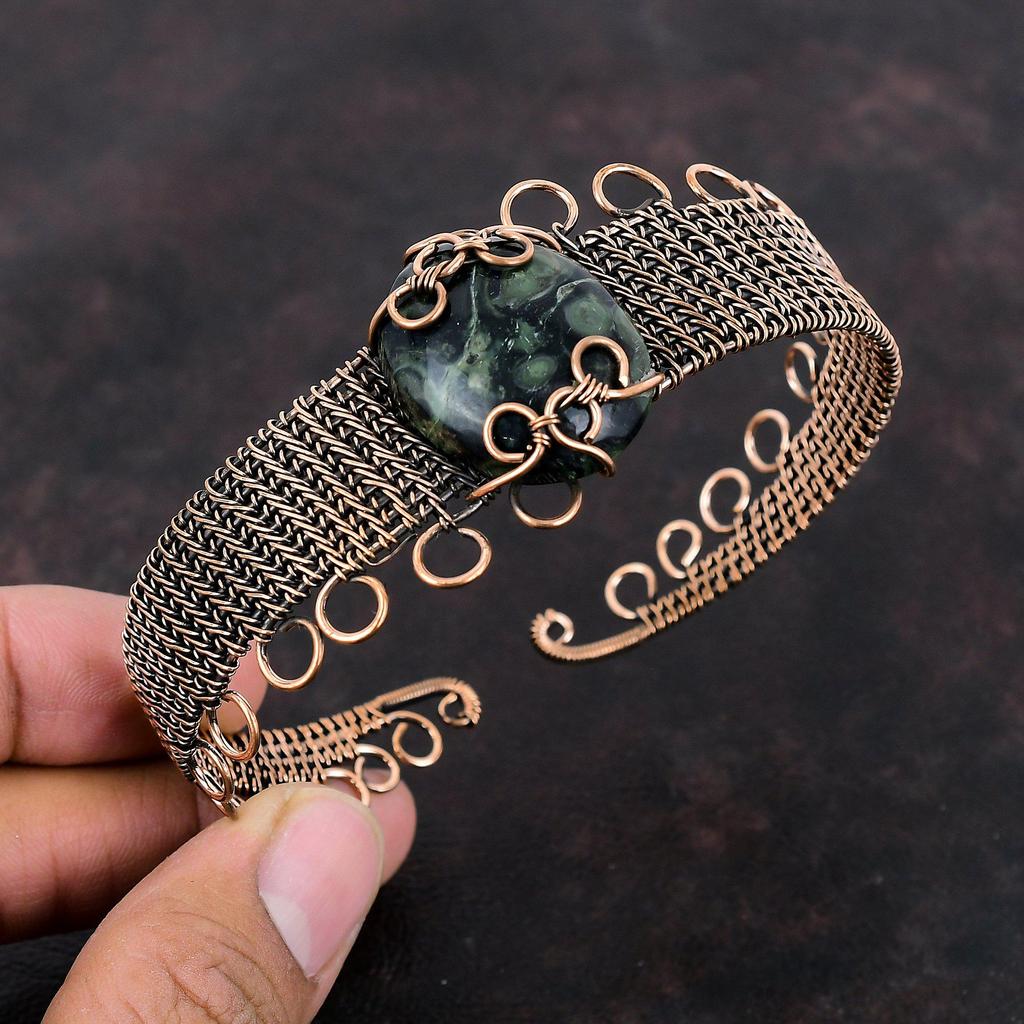 Kambaba Jasper Copper Bangle Copper Wire Wrapped Jewelry Gemstone Bangle Adjustable Cuff Bracelet Handmade Jewelry Copper Wire Wrap Bangle