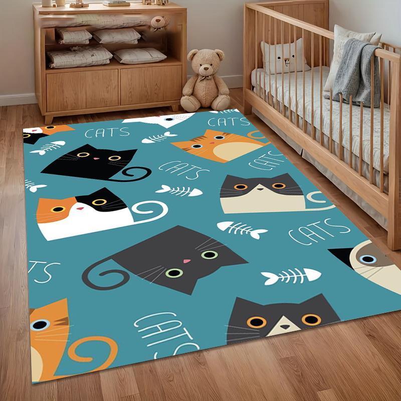 Cute Cartoon Cat Print Non Slip Area Rug Soft Washable Entryway Floor Mat for Living Room Bedroom Kids Room Cat Lover Decor