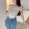 Schwarz-Weiß Gestreift Gestricktes Quadratischer Ausschnitt Oberteil Kurz Schlankes T-Shirt Früher Frühling Kurzärmelig Pendler Basisshirt Lässig Schlanke Passform Pullover T-Shirts