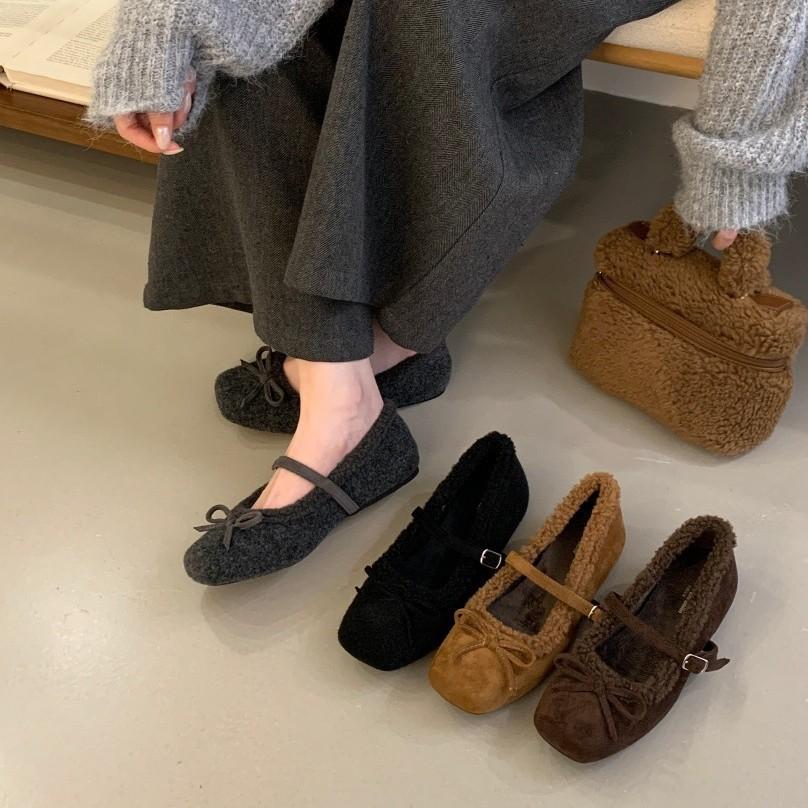 Internet Celebrity French Bow Warm Flat Bottom Fluffy Shoes Women Wear 2025 New Velvet Mary Jane Cotton Shoes