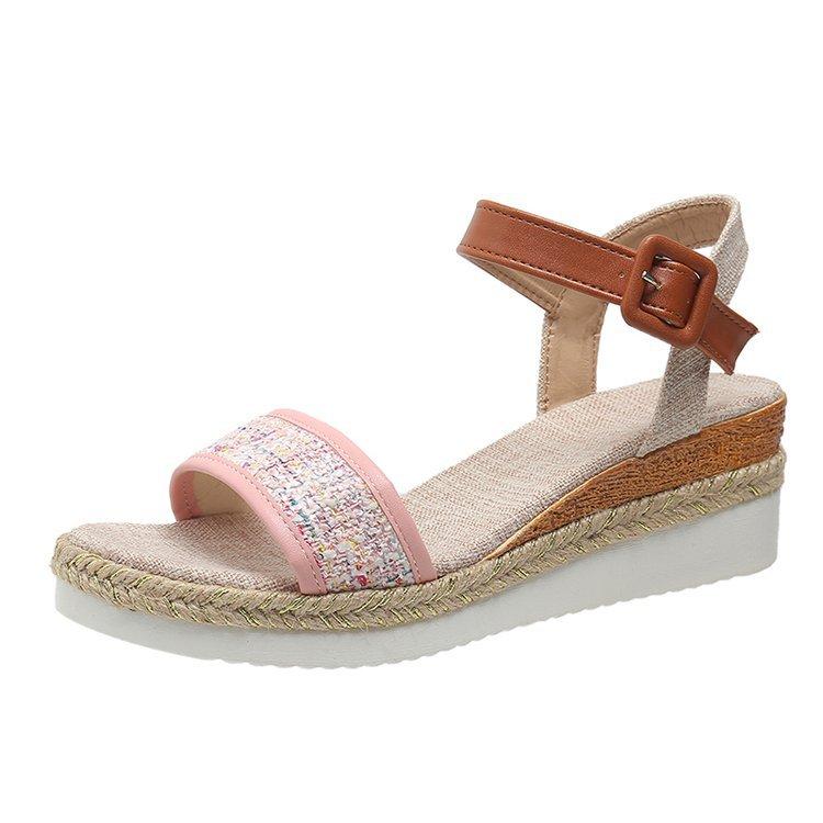 

Large size 2025 summer new rubber platform woven one-word buckle sandals size 43 daily casual women s shoes 42 розовый