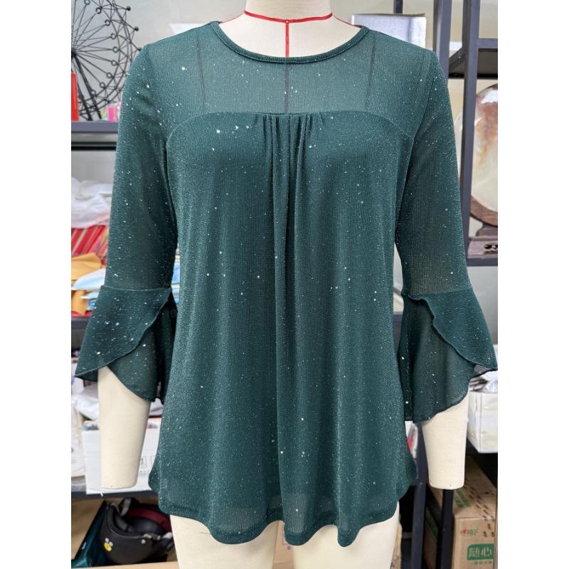 Popular Summer Three-quarter Sleeve Shirt Pleated Bell Sleeves Round Neck Mesh Top