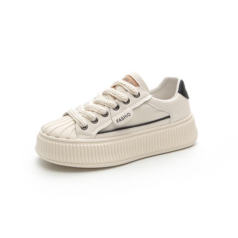 Adidași de damă din piele naturală cu vârf tip scoică, albi, cu tălpi groase, pentru primăvara 2025