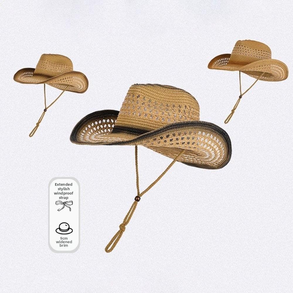 Retro Sunscreen Straw Hat Hollow Out Wide Brim Beach Hats Western Cowboy Hat Summer