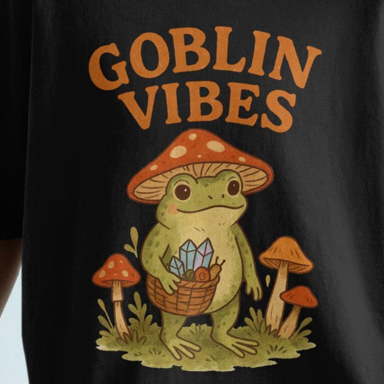 Goblin Vibes T-Shirt, Mushroom Frog Shirt, Cottagecore Shirt, Cozy Vibes Shirt, Whimsical Frog Tee, Frog Lover Gift, Fun Graphic T Shirt S