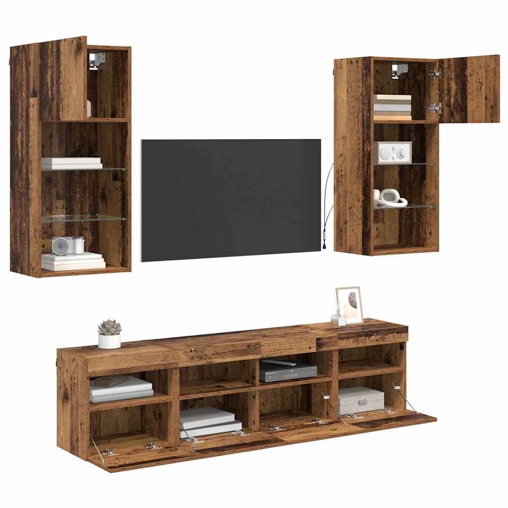 Wall Mounted TV Unit with LED Lighting 5 pcs Reclaimed Wood Look 40.5 x 30 x 90 cm