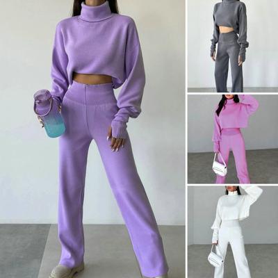 2 Pcs/Set Women Top Pants Suit High Collar Long Sleeve Loose Short Sweatshirt Elastic High Waist Wide Leg Solid Color Pants