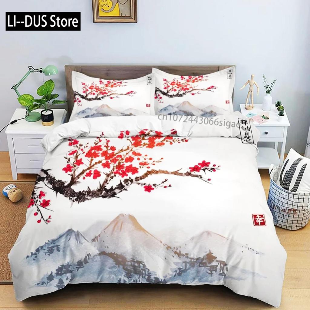 Chinese Traditional Painting Bedding Set Pink Plum Blossom Comforter Cover Set Full Size for Adults Teens Bedroom Decor 3pcs