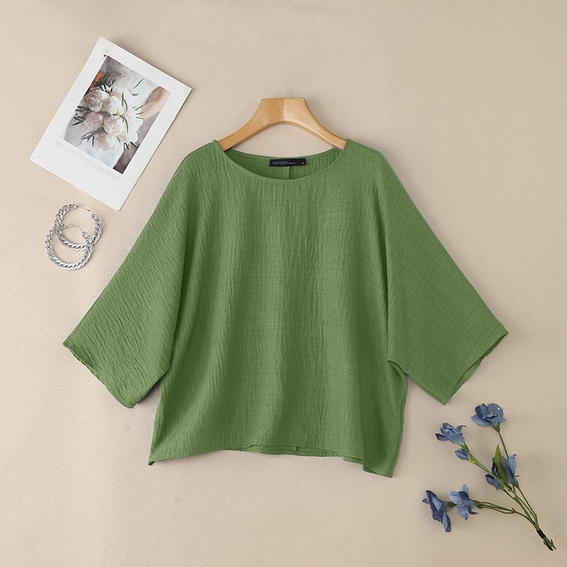 ZANZEA Women Summer Round Neck Solid Color Loose 3/4 Sleeve Blouse