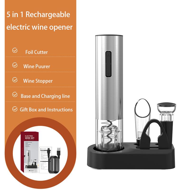 Rechargeable Electric Wine Opener Set Automatic Electric Wine Opener with Stand Metal Opener with Foil Cutter Pourer Stopper 5