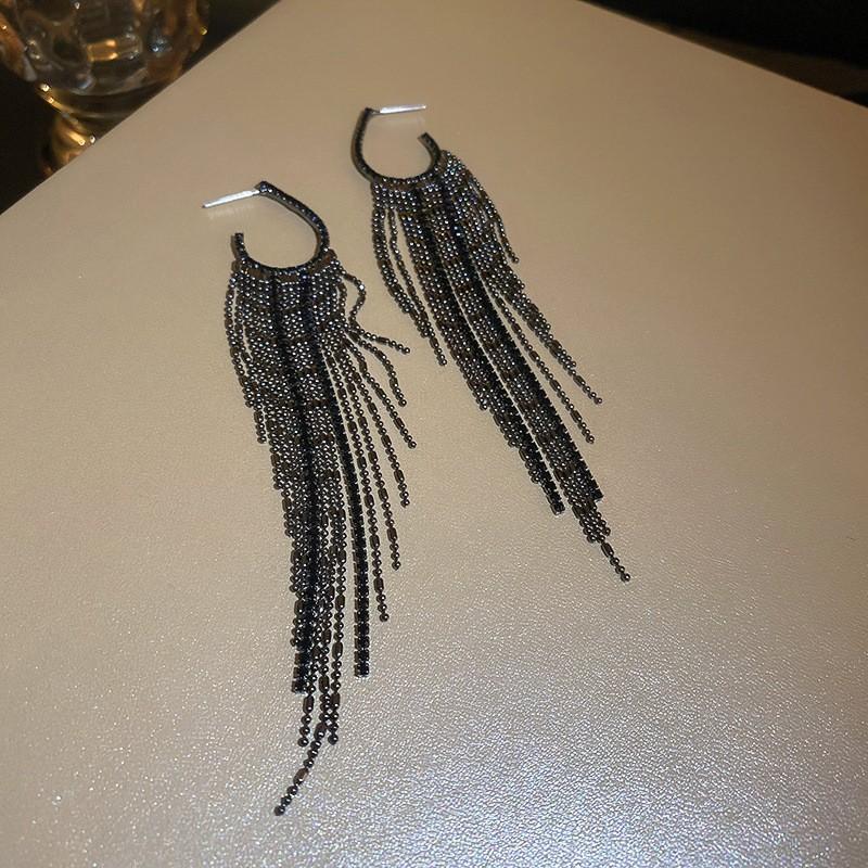 Silver Needle Metal Style Long Zircon Leaf Tassel Earrings Exquisite Fashion Earrings Cold Wind Light Luxury Temperament Earrings