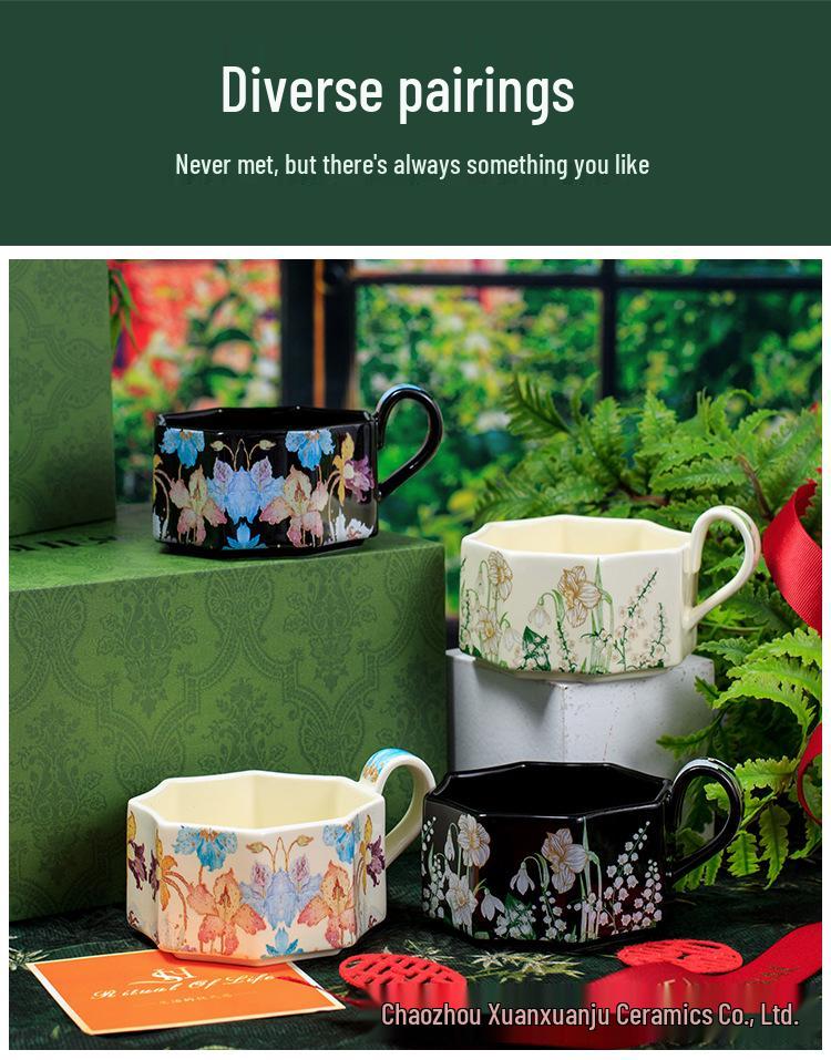 Vintage High-End Coffee Cup & Saucer Set, Octagonal Floral Mug Pair with Coffee Pot Gift Box